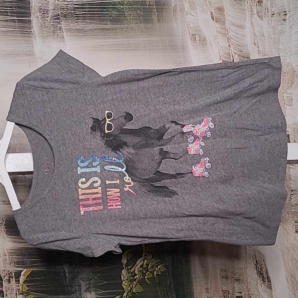 Arizona Jean Co Girl XL 16 sparkly glitter rainbow Horse on roller skates Tshirt